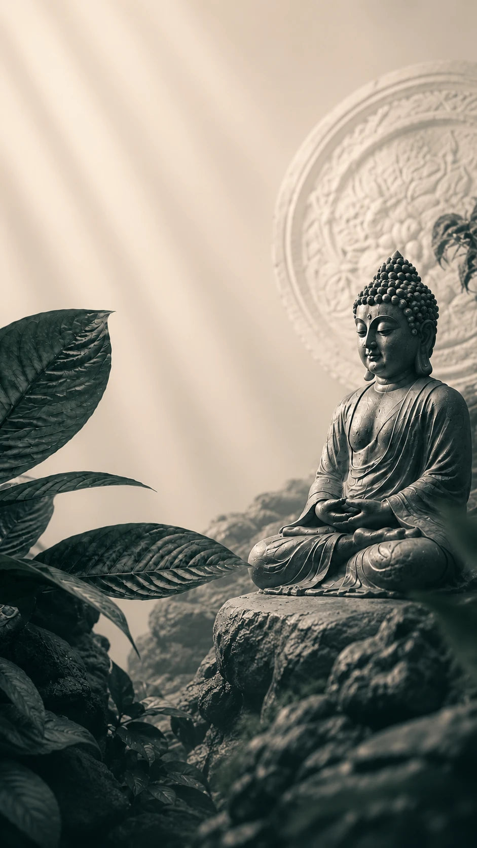 Misty forest scene with a stone Buddha statue, reflecting Kratomvia's calm and considered approach to sourcing